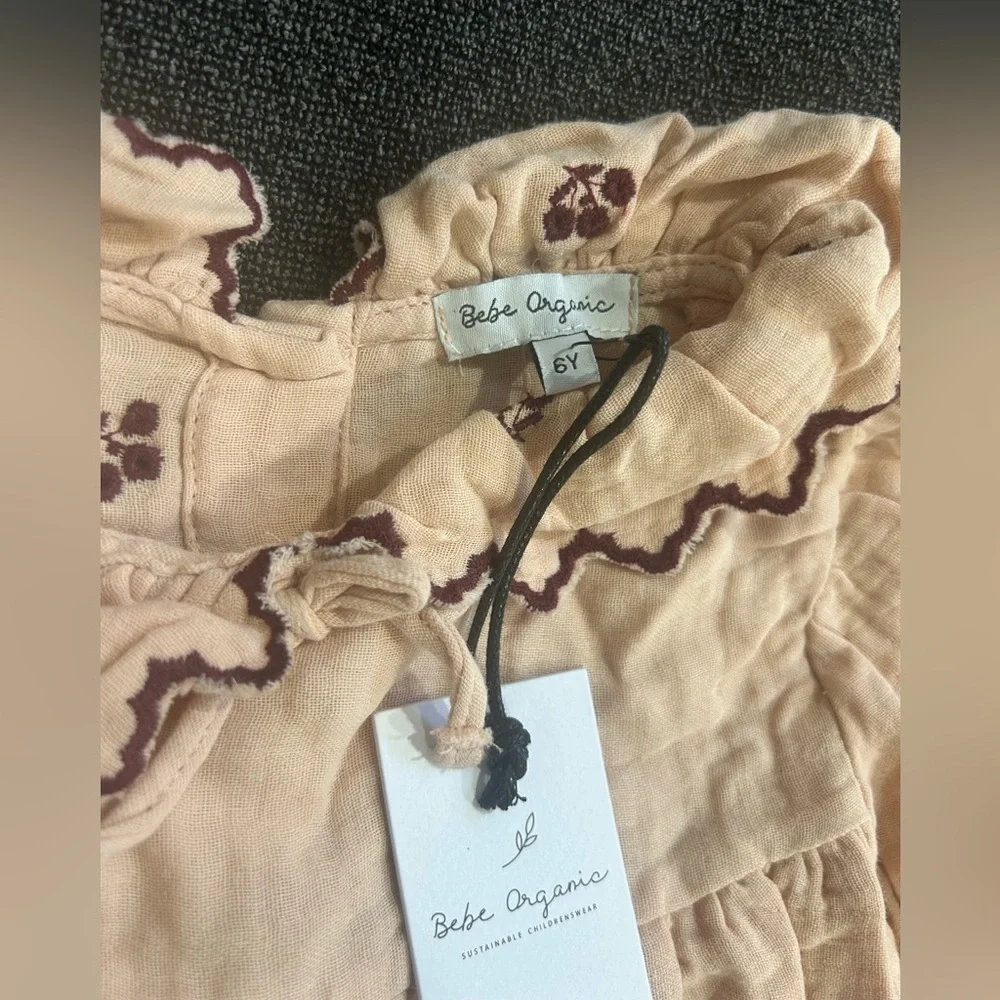 NWT Girls Beige Embroidered Cotton Dress with Ruffled Collar